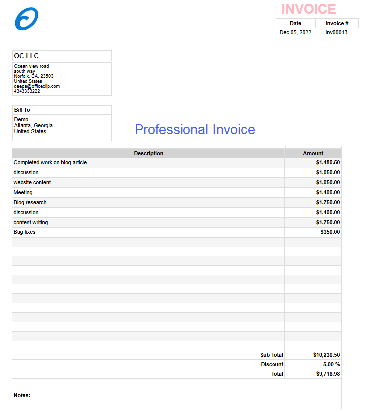 professional invoice